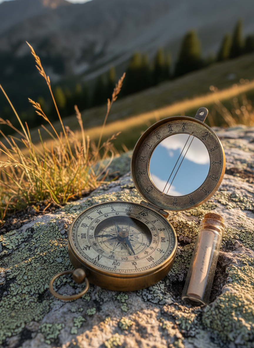 An antique brass compass with intricate engraved markings lies partially open on a patch of lichen-covered granite, its glass face reflecting a faint sliver of sky. Next to it, a small, sealed geocache vial in frosted glass peeks from a crevice in the rock. Sparse alpine grasses, tinged with hints of amber, bend subtly in a high-mountain breeze. Golden hour light washes the scene in warm tones, casting long, delicate shadows and creating a subtle rim light along the compass edges. Shot from a slightly elevated, close-up perspective, the background fades into a soft, mountain-slope blur. The overall mood is nostalgic and elevated, evoking timeless exploration and refined adventure in crisp photographic realism.