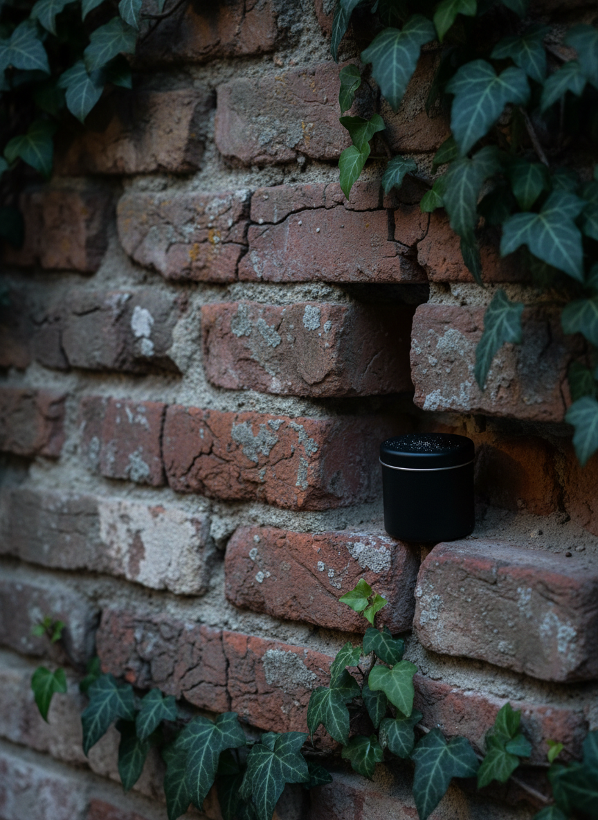 A small, matte-black geocache container emerges from behind a loose brick in an old, ivy-clad stone wall. The bricks show fine cracks, mineral stains, and softened edges from decades of weathering, while the ivy leaves present deep, glossy greens with delicate veins. Tiny flecks of mortar dust lie on the container’s lid. Early evening urban light casts a cool, ambient glow, with a single warm streetlamp outside the frame creating a soft sidelight that sculpts gentle shadows within the brick recess. Photographed at eye level with asymmetrical framing, the cache sits off-center, inviting exploration of negative space. The atmosphere is subtly dramatic and intellectual, blending urban history with hidden discovery in realistic, sophisticated photography.