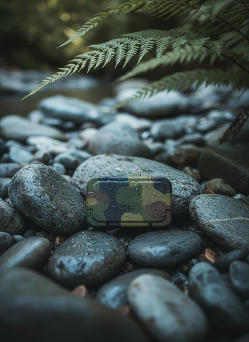 A compact, camouflage-painted geocache container, its surface patterned with intricate greens and browns, nestled artfully among river stones of varying greys and muted blues. Tiny beads of water cling to the smooth rock surfaces, hinting at a recent rainfall. The cache rests near the base of an overhanging fern, whose delicate fronds frame the upper edge of the scene. Soft, cool daylight reflects off the water-slick stones, creating subtle highlights and soft, natural shadows. Captured from a close, slightly oblique angle with a shallow depth of field, the foreground textures are razor-sharp while the streambank background softly dissolves. The mood is serene and quietly mysterious, emphasizing the elegance of hidden objects in natural settings, in refined photographic realism.