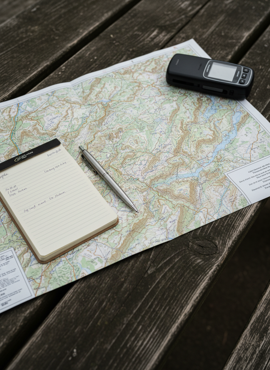 A slim, detailed topographic map spread across a dark wooden picnic table, its fine contour lines and muted earth-tone colors crisply rendered. A small, discreet geocache logbook lies open on the map, its edges slightly curled, with a precise silver pen aligned beside it. In the background, an understated GPS receiver with a matte black casing rests near the map’s corner. Overcast daylight creates diffused, shadowless illumination, highlighting the textures of the paper and wood. Shot from a slightly elevated angle following the rule of thirds, the composition feels orderly and contemplative. The atmosphere is thoughtful and sophisticated, suggesting careful planning before an off-trail adventure, rendered in clean photographic realism.