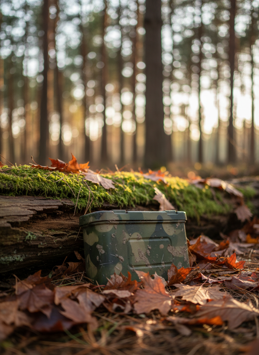 A weathered metal geocache container, olive-green with tiny scratches and specks of dried mud, rests half-hidden beneath a mossy log at the edge of a forest trail. Fallen maple leaves in deep rust and golden tones surround it, slightly curled and damp. Soft late-afternoon sunlight filters through tall pines, creating dappled highlights on the container’s surface and long, gentle shadows across the leaf litter. Photographed at ground level with a shallow depth of field, the background forest blurs into a soft, sophisticated bokeh. The mood is quiet and anticipatory, capturing the allure of hidden discoveries. Photographic realism with a clean, refined aesthetic suitable for an elegant outdoor adventure blog.