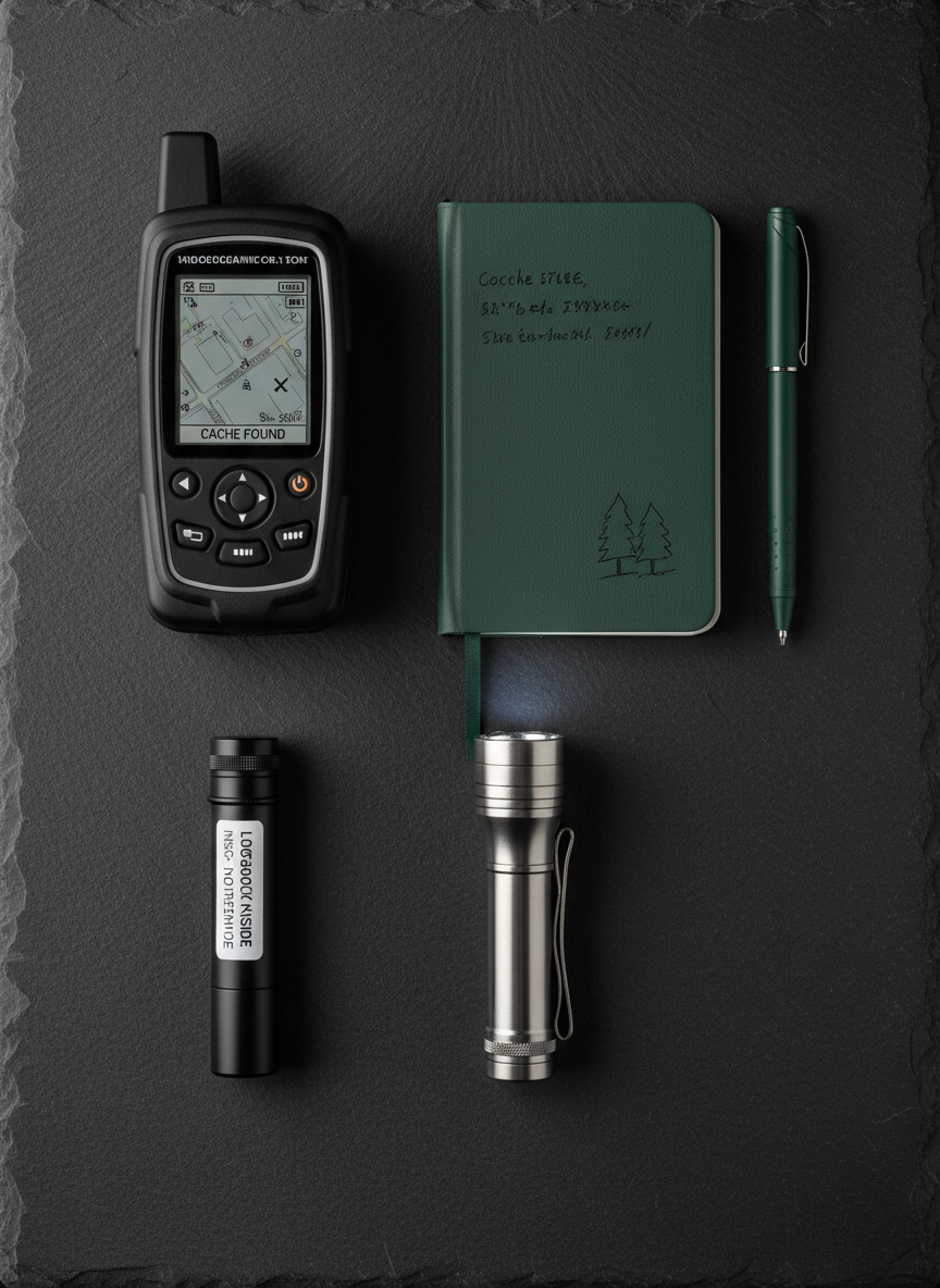 A meticulously organized geocaching toolkit laid out on a dark slate surface: a rugged GPS device with a crisp monochrome screen, a slim waterproof notebook, a compact stainless-steel flashlight, and a neatly labeled micro-cache tube. Each item displays fine details and subdued, professional colors—charcoal, deep forest green, brushed metal. Controlled studio lighting from the upper left creates soft, directional highlights and clean, minimal shadows, emphasizing textures without harsh contrast. Shot from a directly overhead, flat-lay perspective, the composition is carefully balanced and uncluttered, evoking precision and thoughtfulness. The mood is calm, methodical, and sophisticated, presenting geocaching as a refined pursuit of knowledge and exploration, rendered in high-end photographic realism.